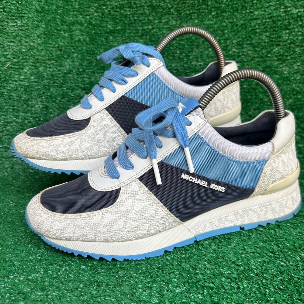 Michael Kors Billie Trainer Sneakers Blue Navy Monogram Logo 7M 43S0BIFS2D